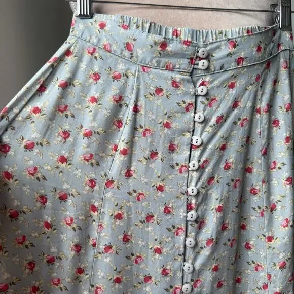 Vintage 90s Express Floral Midi Skirt Blue Rose Print Button Front Cottagecore S - Picture 6 of 11